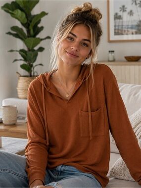 Waffle-Knit Hooded Pullover in Rust - Women
